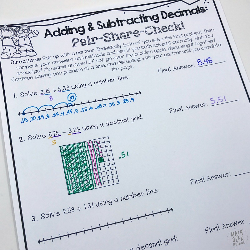 Looking to stretch and challenge your kids to better understand addition & subtraction with decimals? This adding & subtracting decimals partner challenge is a great way to work on multiple strategies and foster cooperative learning and problem solving. Learn more and grab the activity free from Math Geek Mama!