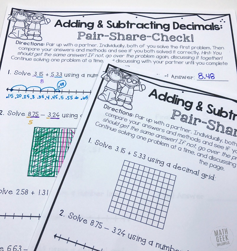 Looking to stretch and challenge your kids to better understand addition & subtraction with decimals? This adding & subtracting decimals partner challenge is a great way to work on multiple strategies and foster cooperative learning and problem solving. Learn more and grab the activity free from Math Geek Mama!