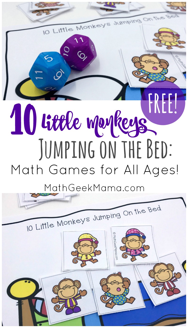 This super simple printable game can be used along with the book or rhyme, "Ten Little Monkeys Jumping on the Bed." The great thing about this game is that is can be used and adapted for nearly any age! So all your kids can practice their math skills together! 