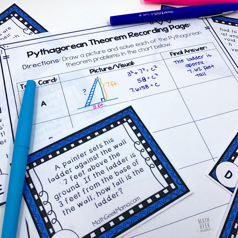 Are your kids ready for some Pythagorean theorem word problems? This FREE set of task cards can be used as a whole class activity, in small groups or individually to help kids see and use the Pythagoren theorem in real life.