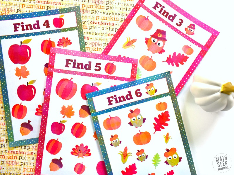 Looking for some easy and low-prep math activities for Thanksgiving? This collection includes 3 different activities to help provide fun practice with counting, number recognition, number words, and patterns. This collection of Thanksgiving math for kindergarten works great as individual practice or as a math center. 