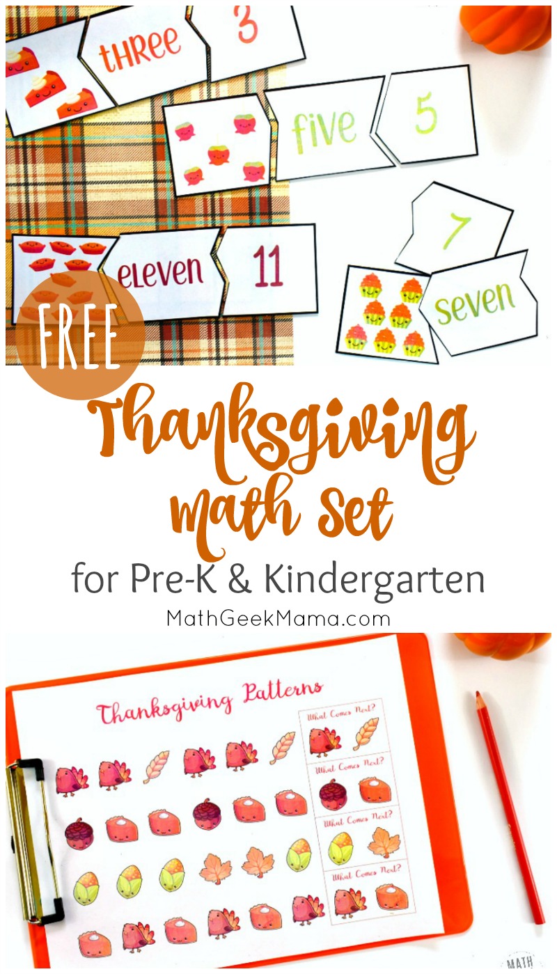 Looking for some easy and low-prep math activities for Thanksgiving? This collection includes 3 different activities to help provide fun practice with counting, number recognition, number words, and patterns. This collection of Thanksgiving math for kindergarten works great as individual practice or as a math center. 