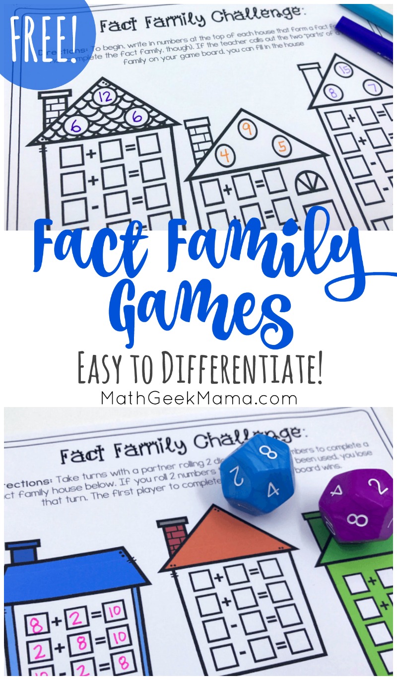 Help kids learn and explore addition and subtraction with these cute fact family game boards. There are so many variations, you can easily differentiate for individuals, small groups or play together as a class! Grab the whole set FREE from Math Geek Mama. 
