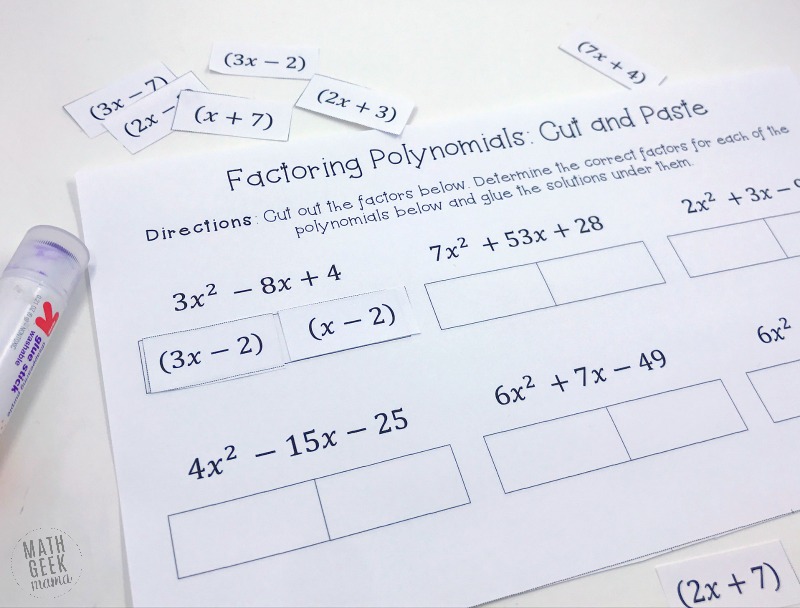 This simple set of cut and paste pages is the perfect low-prep factoring polynomials practice. This FREE download includes 4 different pages of polynomials plus answer keys.