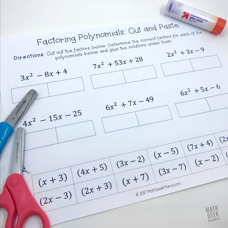 This simple set of cut and paste pages is the perfect low-prep factoring polynomials practice. This FREE download includes 4 different pages of polynomials plus answer keys.