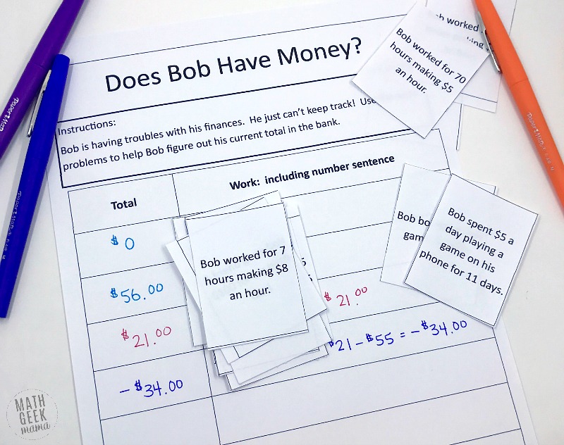 Introduce your kids to integer operations with this fun real life math lesson. In this lesson, kids will add & subtract integers to determine how much money Bob has in the bank and find his ending balance. Not only will kids learn what happens when you add & subtract positive & negative numbers, but they will see the commutative property at work. Grab this FREE from Math Geek Mama. 