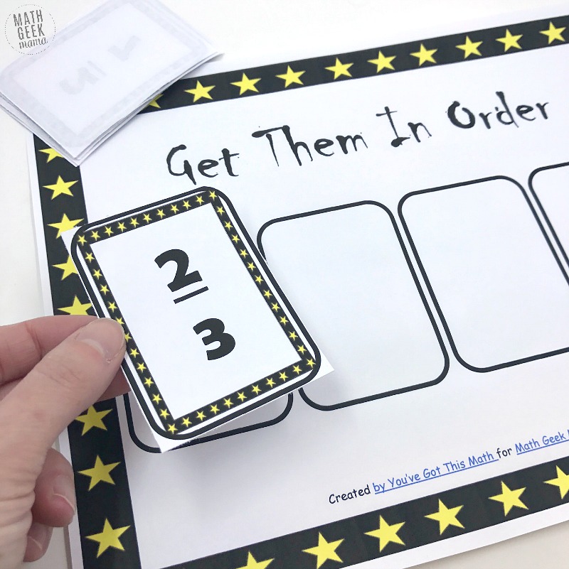 Challenge kids and strengthen their fraction sense with this comparing fractions game. Get Them in Order is a fun way to review all sorts of fraction skills, such as simplifying fractions, comparing fractions and ordering fractions. Grab the game FREE from Math Geek Mama!