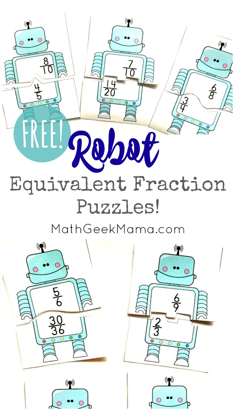 Looking for a fun and easy way to practice finding and recognizing equivalent fractions? These adorable robot equivalent fractions puzzles are perfect! This FREE download includes 44 different puzzles, so you can pick and choose the level of difficulty. 