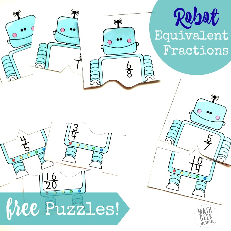 Looking for a fun and easy way to practice finding and recognizing equivalent fractions? These adorable robot equivalent fractions puzzles are perfect! This FREE download includes 44 different puzzles, so you can pick and choose the level of difficulty.