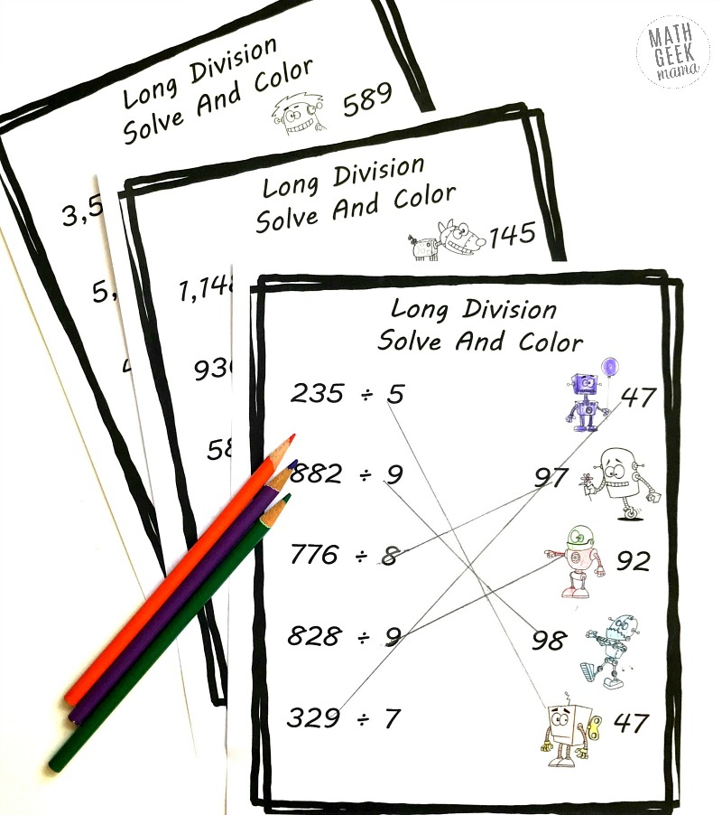 Need a little quick and easy long division review? This cute set of robot coloring pages will give your kids some long division practice and is no-prep for you! Plus, grab some colored pencils and have fun coloring the robots after the math problems are solved. 