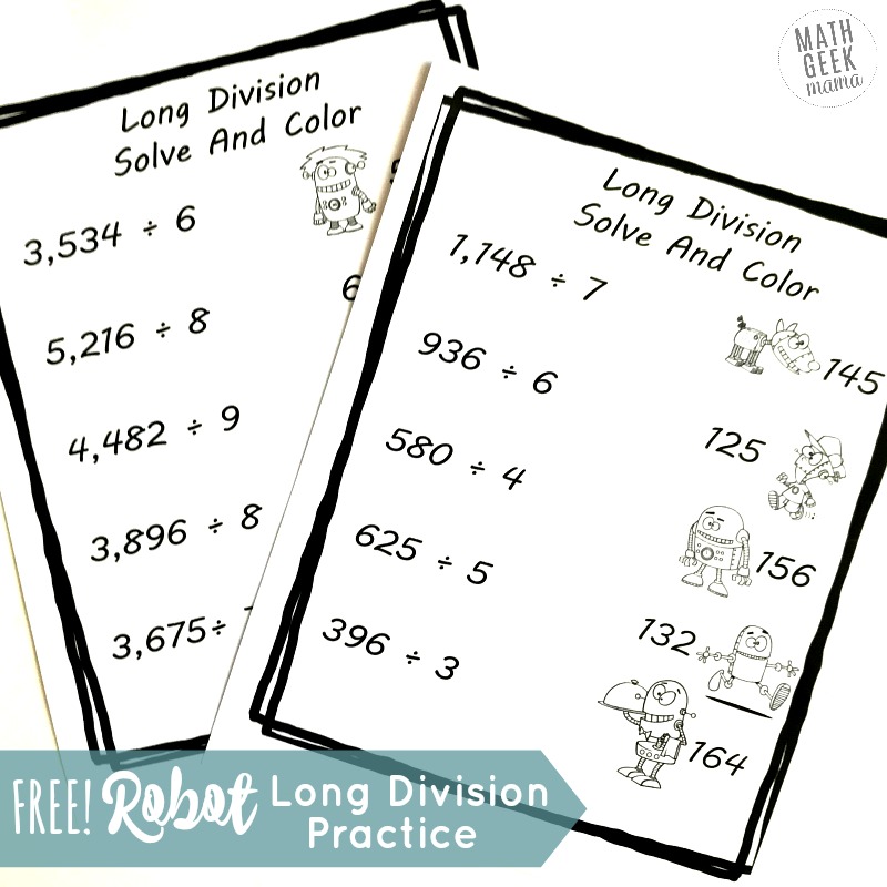 Need a little quick and easy long division review? This cute set of robot coloring pages will give your kids some long division practice and is no-prep for you! Plus, grab some colored pencils and have fun coloring the robots after the math problems are solved. 