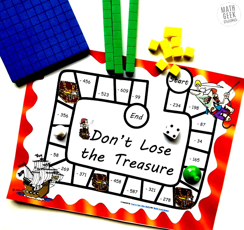 Picture of pirate themed board game called, "Don't Lose the Treasure." Shows 2 game boards, with pirate, tresure chest, pirate ship.