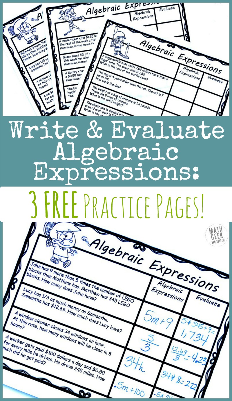 Writing Algebraic Expressions: FREE Practice Pages  Math Geek Mama Regarding Writing And Evaluating Expressions Worksheet