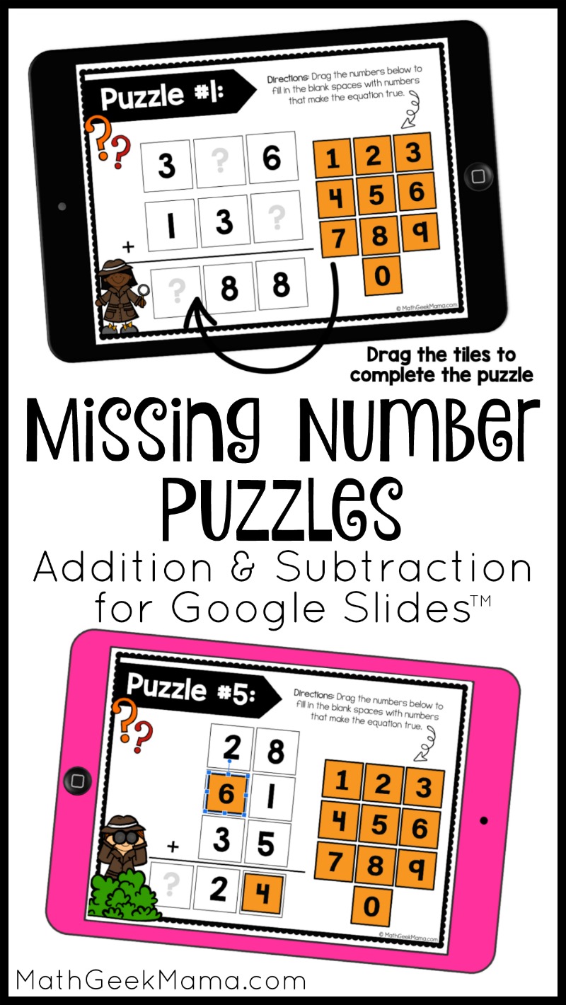 Missing Number Puzzles Addition & Subtraction for Google Slides text with illustrated image examples of tablets