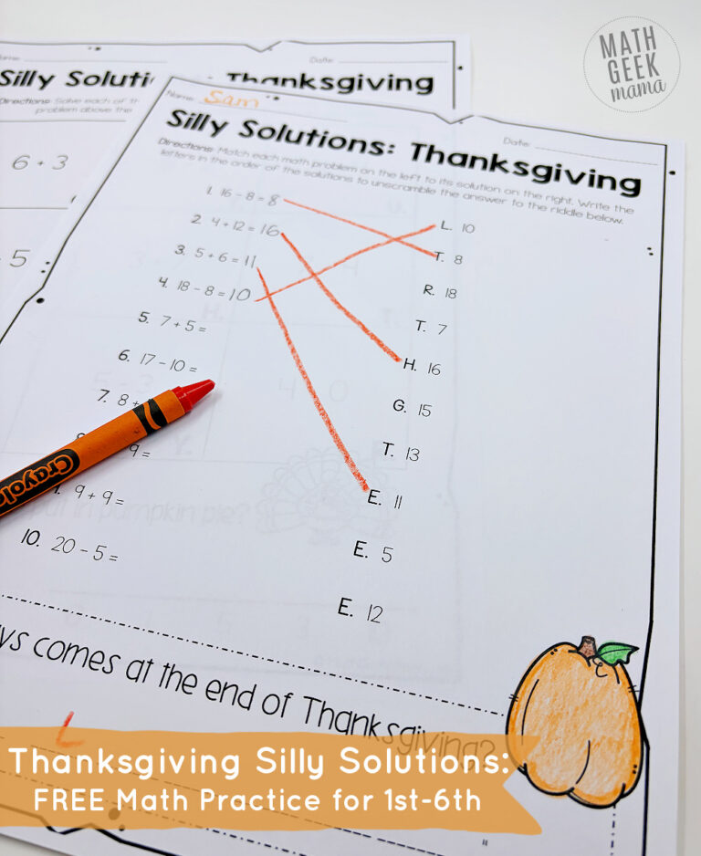 {FREE} Thanksgiving Math Riddles Practice Pages – 1st-6th Grade